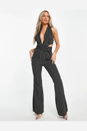 ASOS Tux halter cut out belted jumpsuit with flare leg in black pinstripe