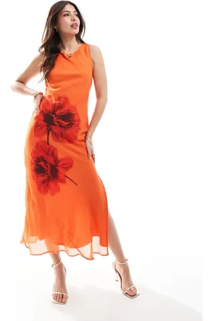 ASOS Placement print column midi dress in orange floral print