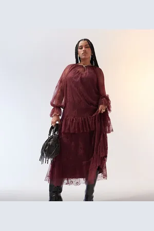 ASOS ASOS DESIGN Curve ruffle detail lace maxi dress in burgundy