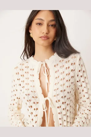 ASOS Knitted tie front cardigan with flared sleeve in ecru
