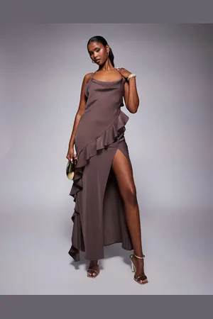 ASOS Strappy satin cowl neck ruffle detail maxi dress in chocolate