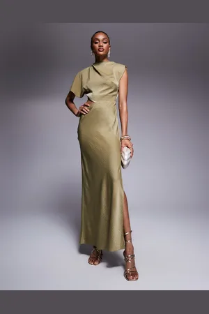 ASOS Satin drape asymmetric cutout midi dress in olive
