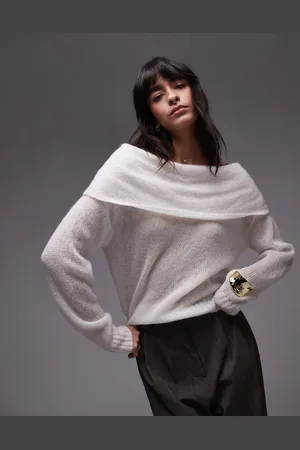 ARKET Open knit sheer jumper with fold over off shoulder in off