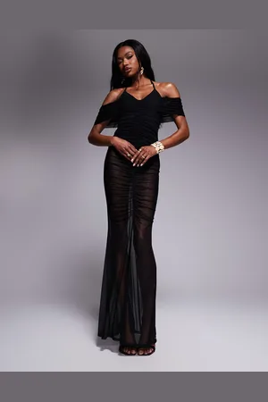 ASOS Ruched sheer mesh halter maxi dress with bardot overlay in