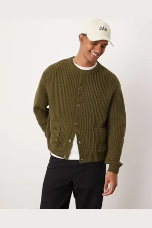 ASOS Oversized heavyweight knitted wool mix crew neck cardigan in khaki