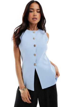 ASOS Knitted crew neck structured waistcoat with gold button detail in baby