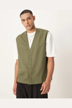 ASOS Sleeveless deep V neck regular shirt in khaki