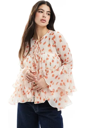 ASOS Tie front tiered blouse with ruffle cuffs in floral print