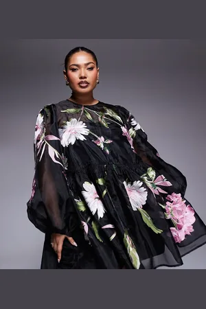 ASOS Curve oversized organza mini smock dress with floral embroidery in