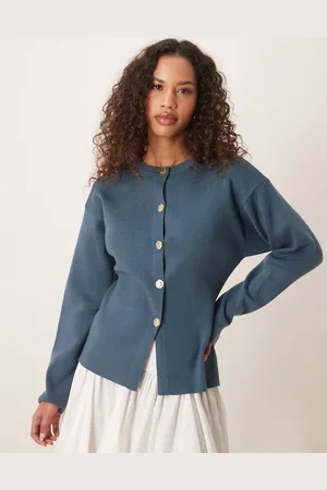 ASOS Knitted structured crew neck cardigan with gold buttons in petrol