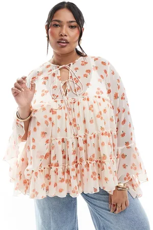 ASOS ASOS DESIGN curve tie front tiered blouse with ruffle cuffs in floral print