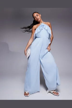 ASOS Textured halter wide leg jumpsuit with frill detail in light