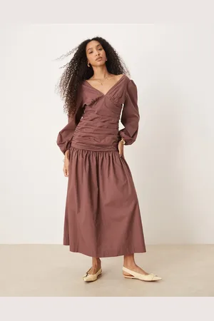 ASOS Poplin ruched waist maxi dress in chocolate
