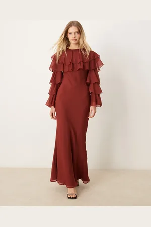ASOS Tiered ruffle overlay bias maxi dress in deep chestnut