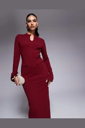ASOS Scuba long sleeve midi dress with pocket detail in burgundy