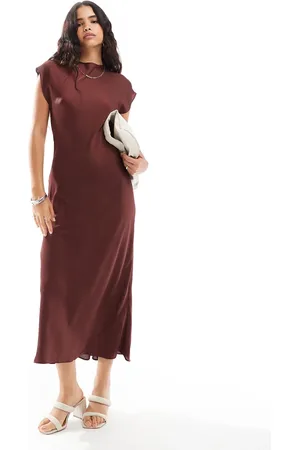ASOS Cap sleeve satin midi dress in bitter chocolate