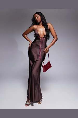 ASOS Bias cut cami maxi dress with contrast tie detail in mocha