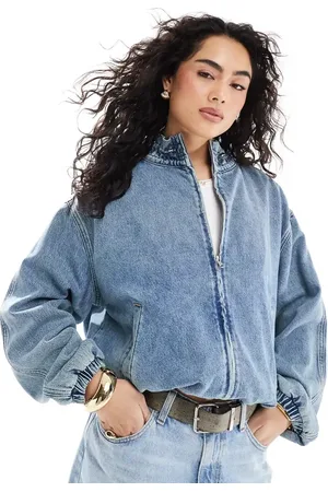 ASOS Denim bomber jacket with frill collar in midwash