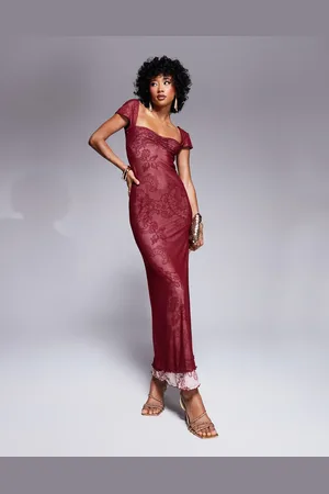 ASOS Sweetheart neckline double layer mesh and lace print maxi dress in burgundy