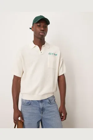 ASOS Relaxed boxy fit knitted polo with chest pocket and embroidery text in ecru