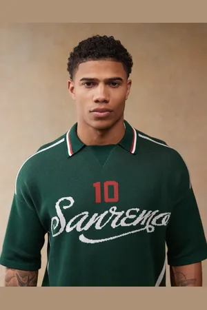 ASOS Relaxed boxy fit knitted polo with sport pattern in dark green