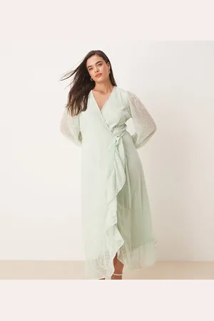 VILA Dobby wrap maxi dress with frill detail in sage