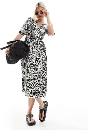Brave Soul Midi wrap dress with puff sleeves in zebra print