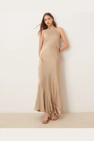 VILA Sleek satin halter maxi dress in beige