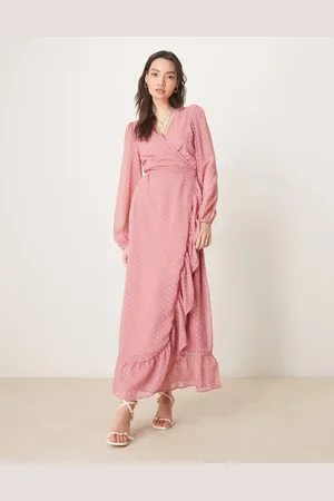 VILA Dobby wrap maxi dress with frill detail in rose