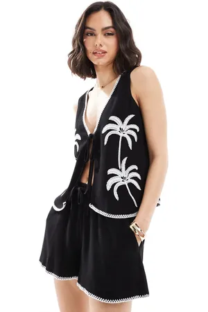 4th & Reckless Tie front palm embroidered linen blend waistcoat co-ord in