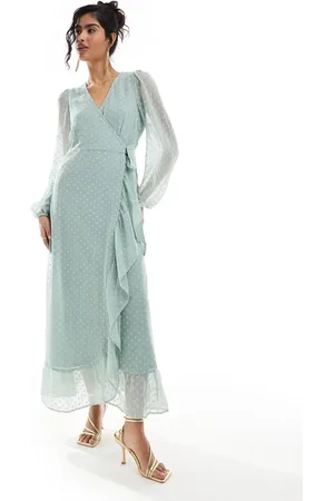 VILA Bridesmaid dobby wrap maxi dress with frill detail in sage