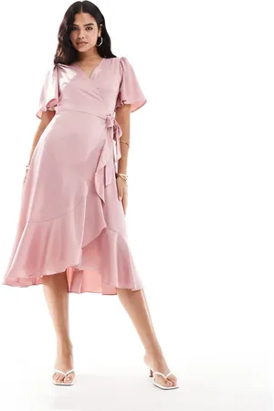 Y.A.S Half sleeve wrap midi dress in pale mauve