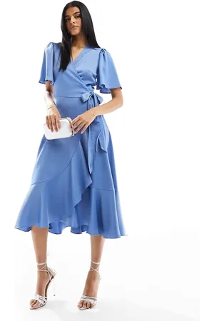 Y.A.S Bridesmaid satin wrap midi dress in - MBLUE
