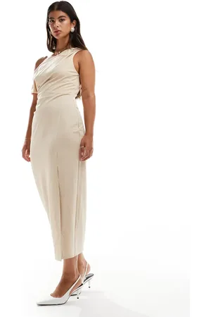 ASOS Linen textured one shoulder dress in stone