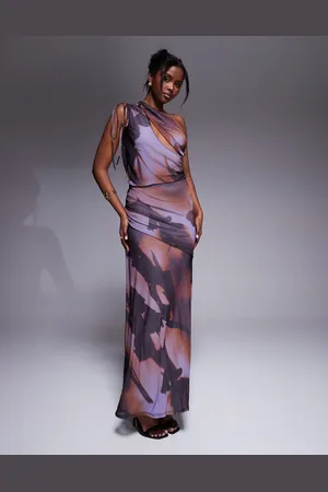 ASOS Mesh channelled tie one shoulder midi dress with slash cut out in blurred purple print