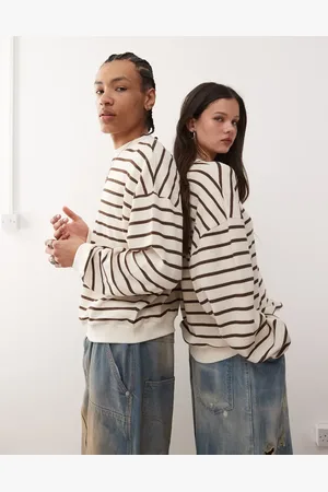 Reclaimed Unisex waffle textured sweat in cream and brown stripe