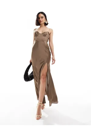 ASOS Satin corset detail pin tuck bias maxi dress in mink