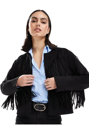 New Look Fringe collarless suedette jacket in