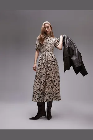 & OTHER STORIES Puff sleeves midi dress with shirred bodice in black and beige hearts print