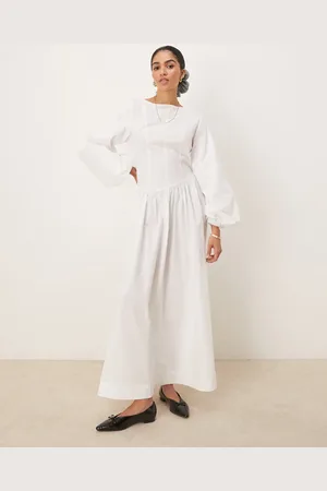 ASOS Poplin maxi dress with asymmetric waist and volume sleeve in