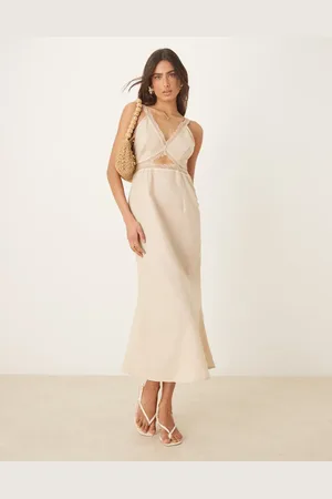 Never Fully Dressed Mimi linen cut-out midaxi dress in oatmeal