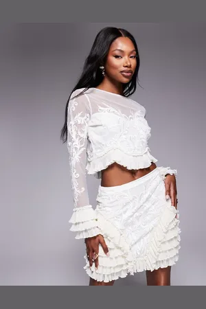 ASOS Co-ord embroidered long sleeve top with ruffle detail in cream