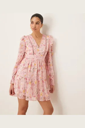 VILA Ladder lace frill detail mini dress in peach floral print