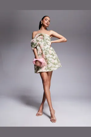 ASOS Structured floral texture mini dress with faux bardot in cream