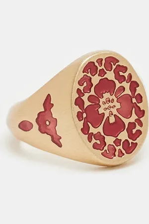 ASOS Engraved ring with hibiscus enamel design in tone