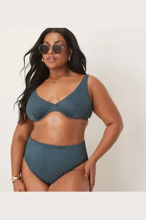 ASOS ASOS DESIGN Curve Riddy rib high leg high waist bikini bottom in slate blue