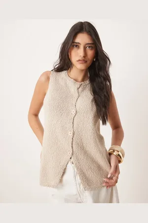 ASOS Knitted crew neck longline boucle waistcoat in oatmeal