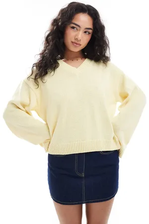ASOS Knitted v neck jumper with wide sleeve in buttermilk