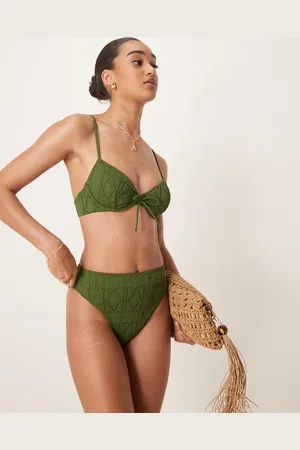 ASOS Bertie broderie high leg high waist bikini bottom in olive