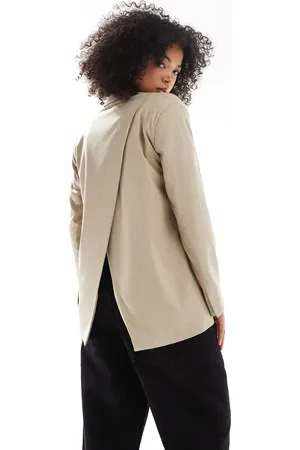Pull&Bear Oversized blazer with crossover back detail in sand pinstripe